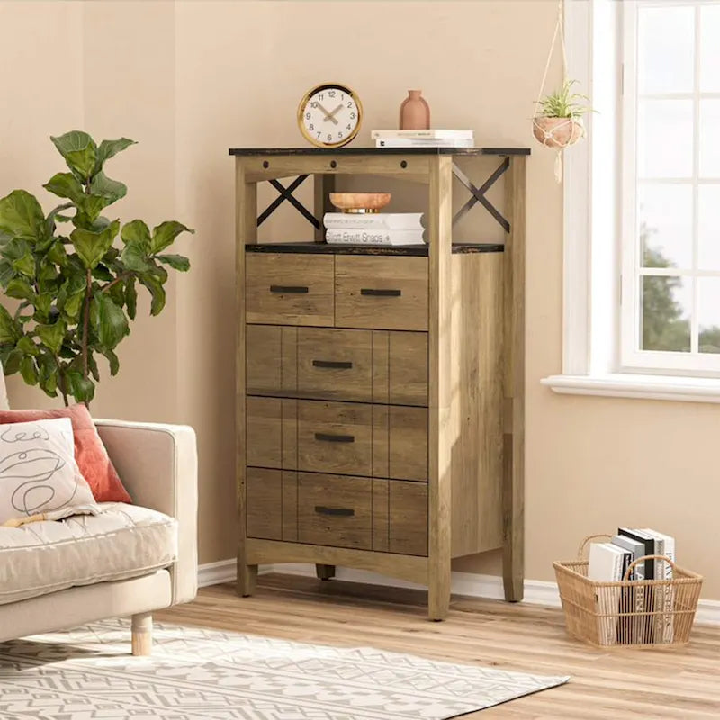 Meuble de rangement pour couloir et salon avec 2 étagères et 5 tiroirs, marron - 83