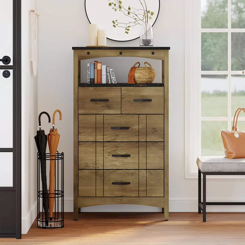 Meuble de rangement pour couloir et salon avec 2 étagères et 5 tiroirs, marron - 83