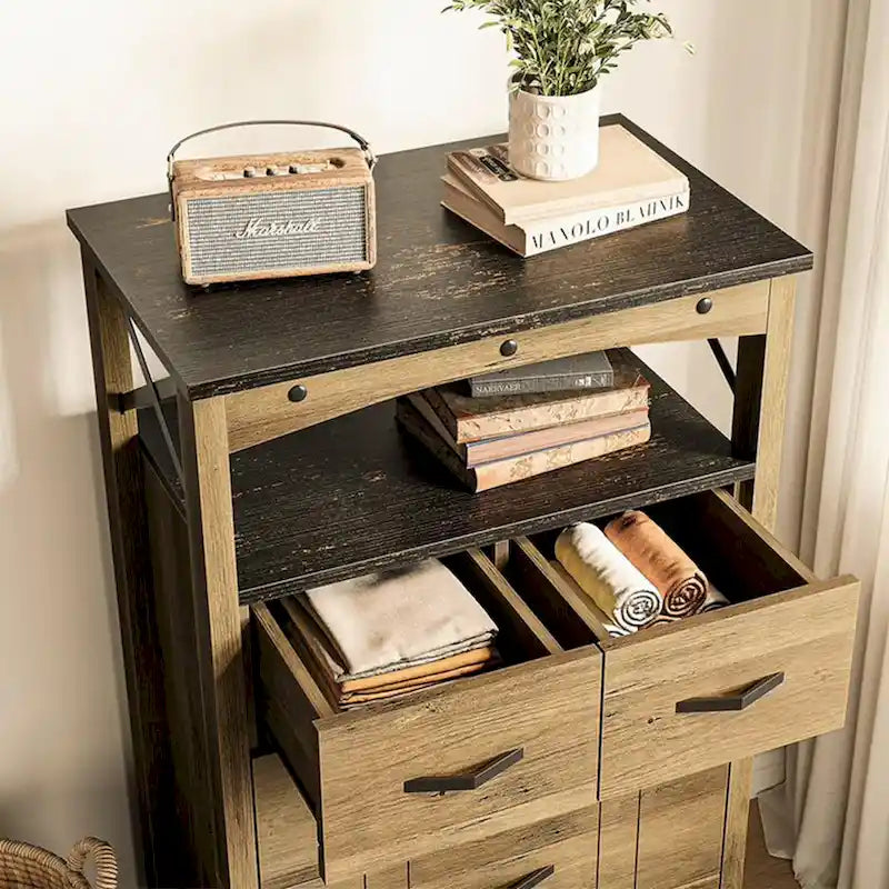 Meuble de rangement pour couloir et salon avec 2 étagères et 5 tiroirs, marron - 83