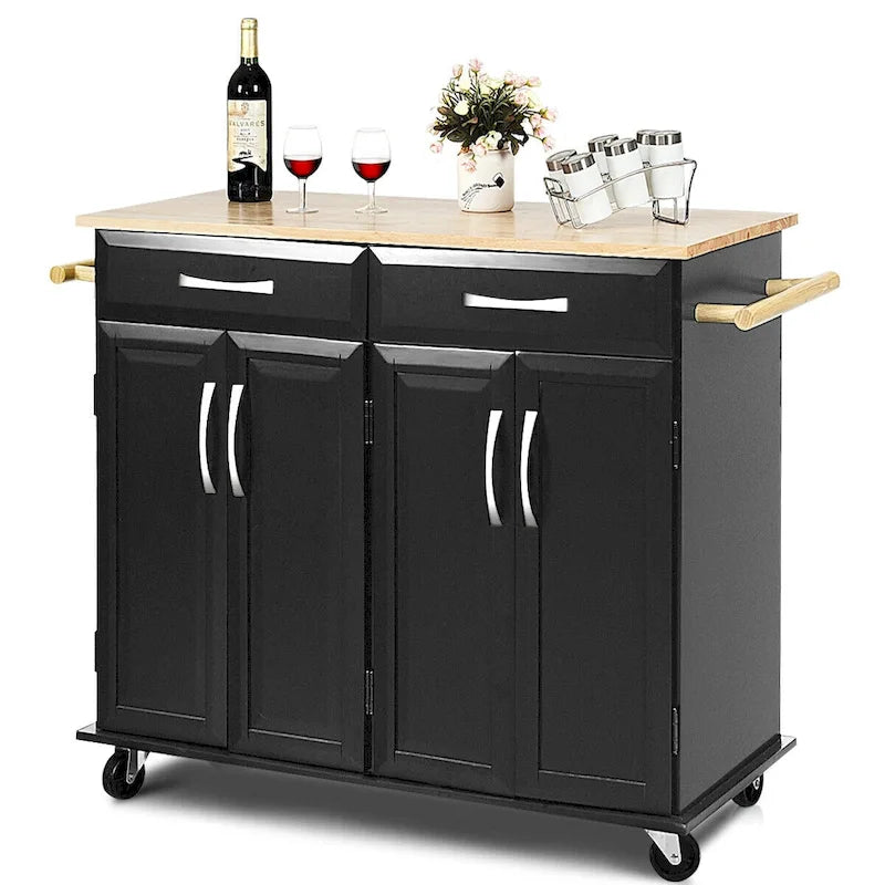 Desserte Roulante de Cuisine Îlot Chariot Noir Dessus en Bois Rangement