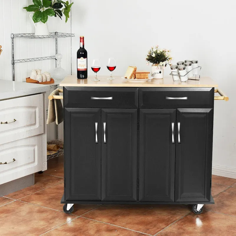 Desserte Roulante de Cuisine Îlot Chariot Noir Dessus en Bois Rangement