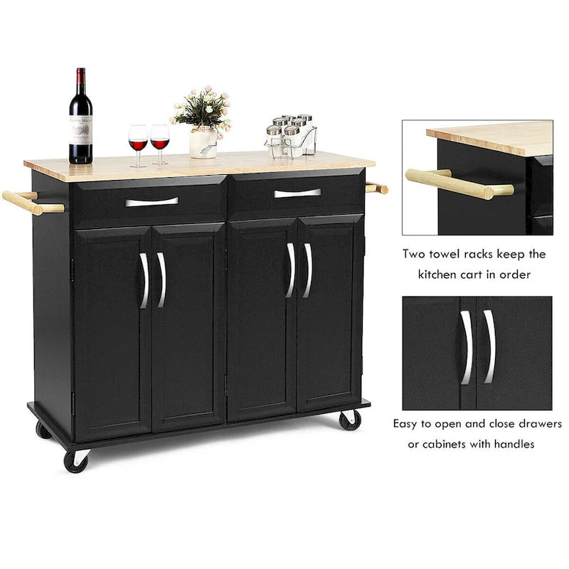 Desserte Roulante de Cuisine Îlot Chariot Noir Dessus en Bois Rangement