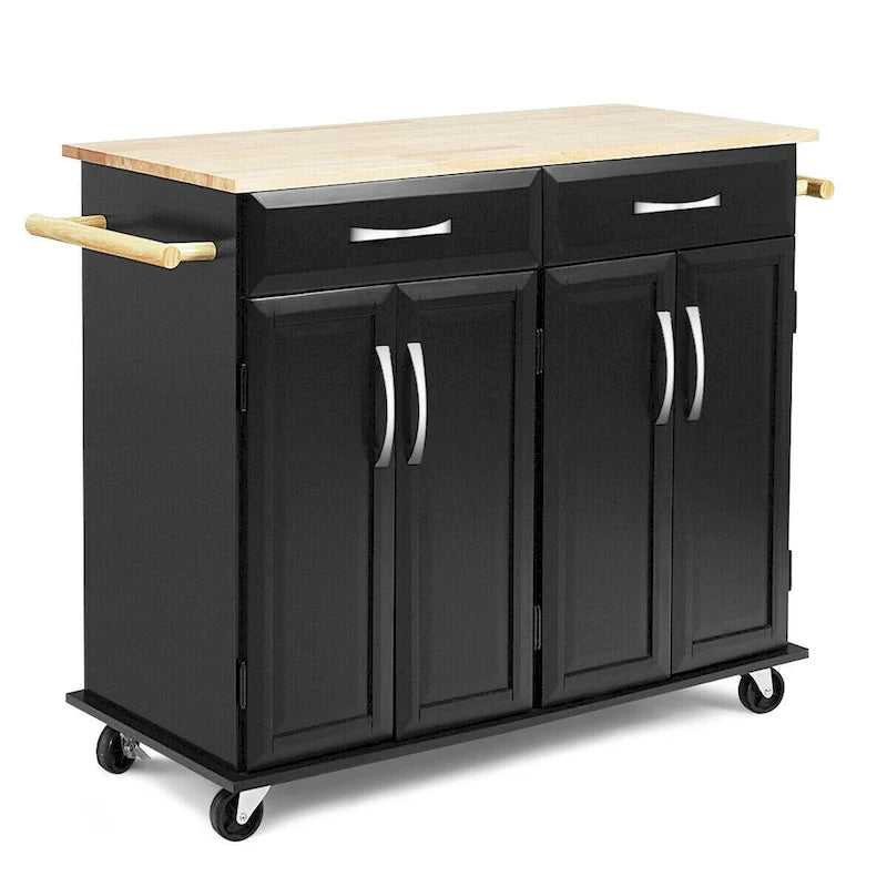 Desserte Roulante de Cuisine Îlot Chariot Noir Dessus en Bois Rangement