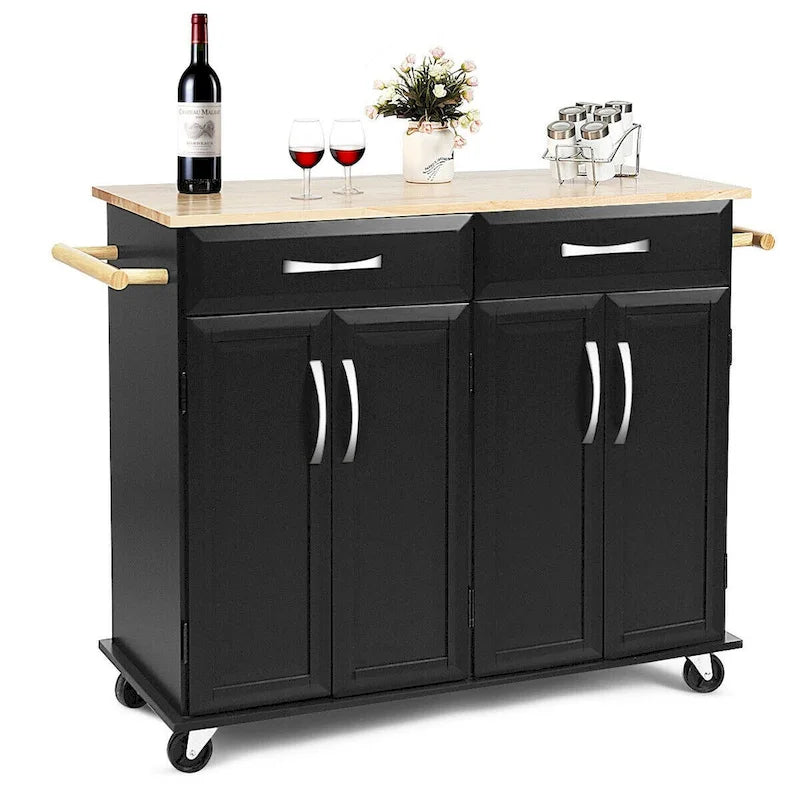 Desserte Roulante de Cuisine Îlot Chariot Noir Dessus en Bois Rangement