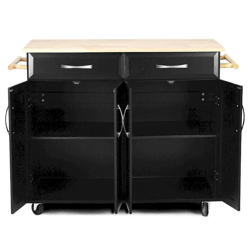 Desserte Roulante de Cuisine Îlot Chariot Noir Dessus en Bois Rangement