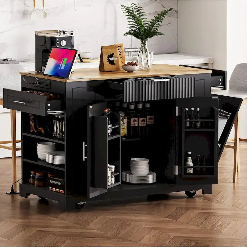 Îlot de cuisine cannelé avec armoire de rangement pour poubelle, prise de courant, îlots de cuisine roulants sur 5 roulettes avec 3 étagères latérales ouvertes