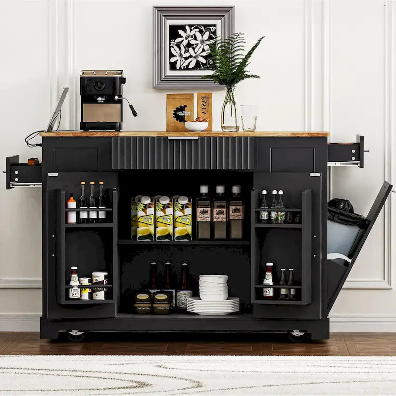 Îlot de cuisine cannelé avec armoire de rangement pour poubelle, prise de courant, îlots de cuisine roulants sur 5 roulettes avec 3 étagères latérales ouvertes