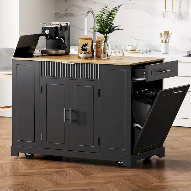 Îlot de cuisine cannelé avec armoire de rangement pour poubelle, prise de courant, îlots de cuisine roulants sur 5 roulettes avec 3 étagères latérales ouvertes