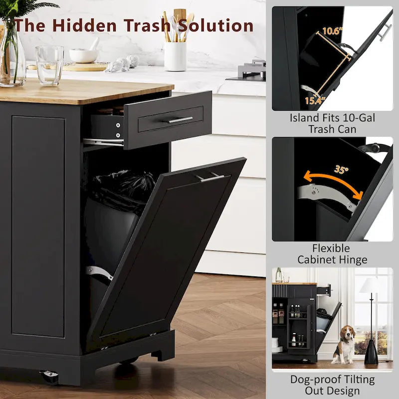 Îlot de cuisine cannelé avec armoire de rangement pour poubelle, prise de courant, îlots de cuisine roulants sur 5 roulettes avec 3 étagères latérales ouvertes