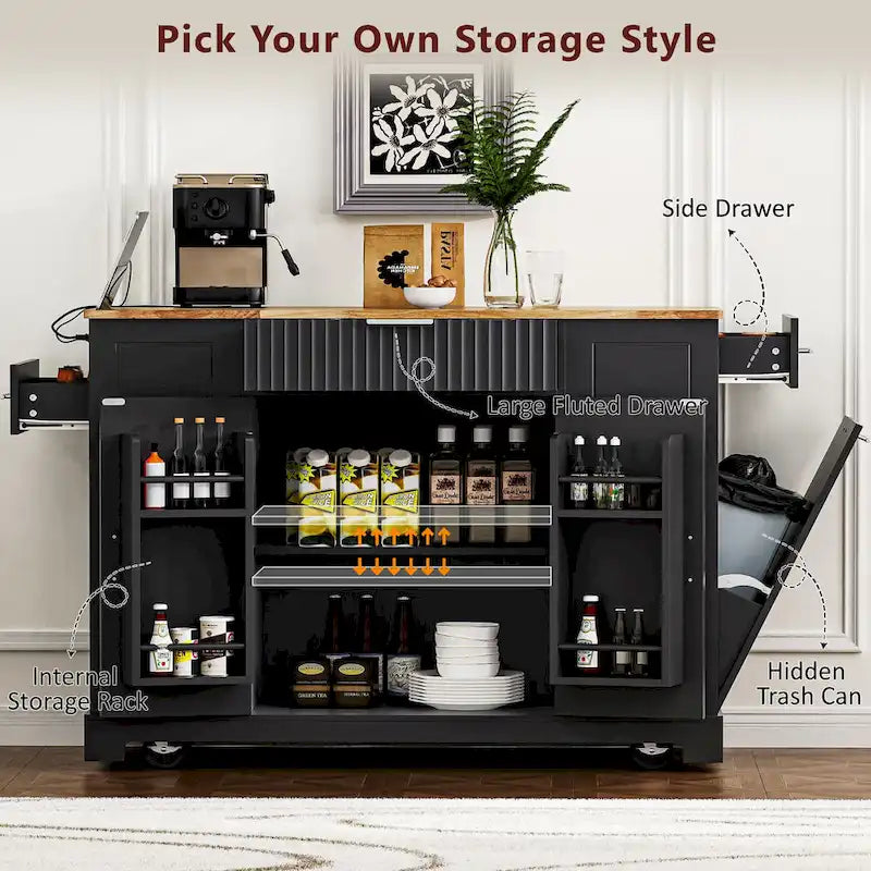 Îlot de cuisine cannelé avec armoire de rangement pour poubelle, prise de courant, îlots de cuisine roulants sur 5 roulettes avec 3 étagères latérales ouvertes