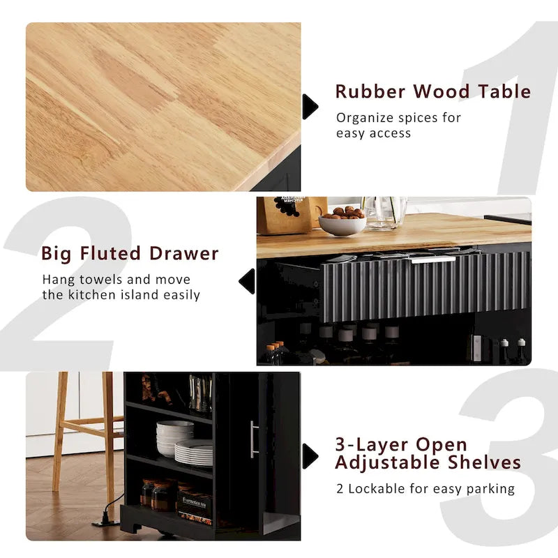 Îlot de cuisine cannelé avec armoire de rangement pour poubelle, prise de courant, îlots de cuisine roulants sur 5 roulettes avec 3 étagères latérales ouvertes