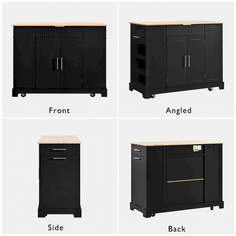 Îlot de cuisine cannelé avec armoire de rangement pour poubelle, prise de courant, îlots de cuisine roulants sur 5 roulettes avec 3 étagères latérales ouvertes