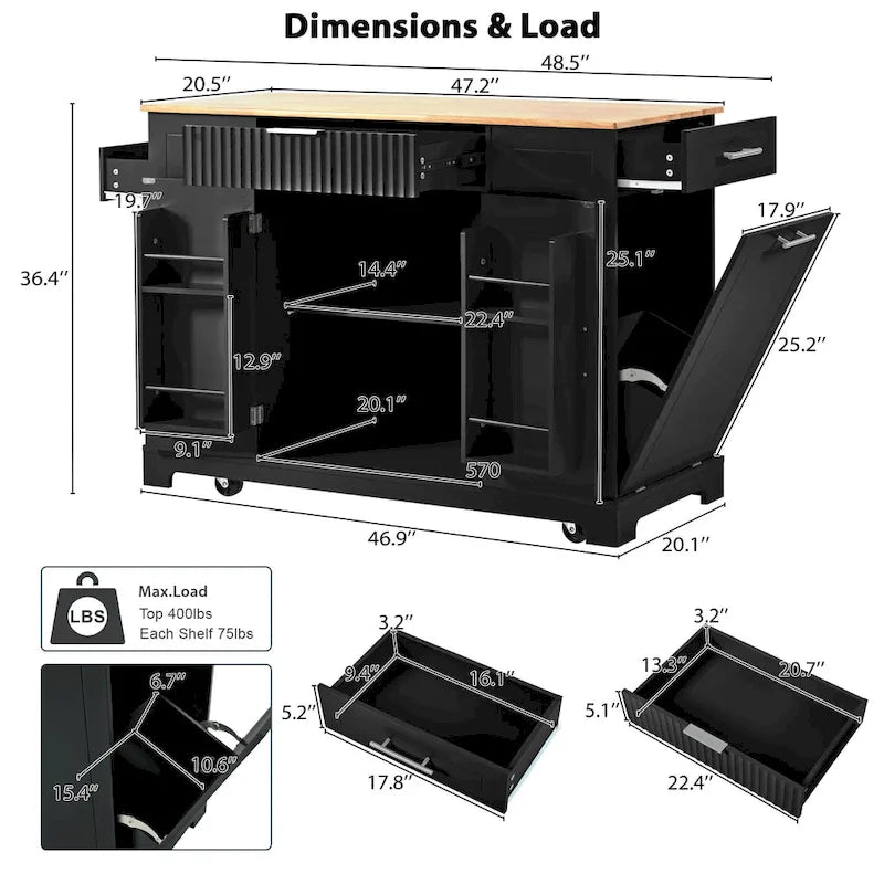 Îlot de cuisine cannelé avec armoire de rangement pour poubelle, prise de courant, îlots de cuisine roulants sur 5 roulettes avec 3 étagères latérales ouvertes
