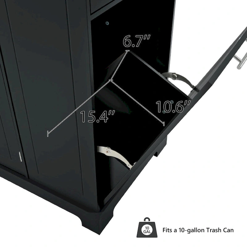 Îlot de cuisine cannelé avec armoire de rangement pour poubelle, prise de courant, îlots de cuisine roulants sur 5 roulettes avec 3 étagères latérales ouvertes