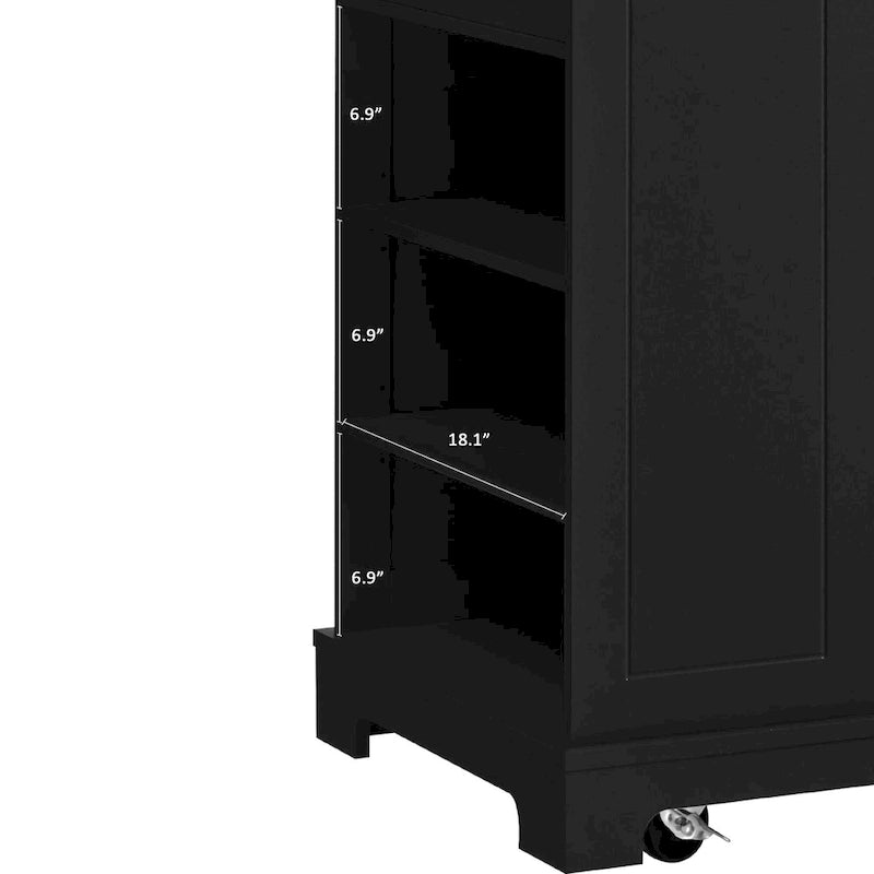 Îlot de cuisine cannelé avec armoire de rangement pour poubelle, prise de courant, îlots de cuisine roulants sur 5 roulettes avec 3 étagères latérales ouvertes