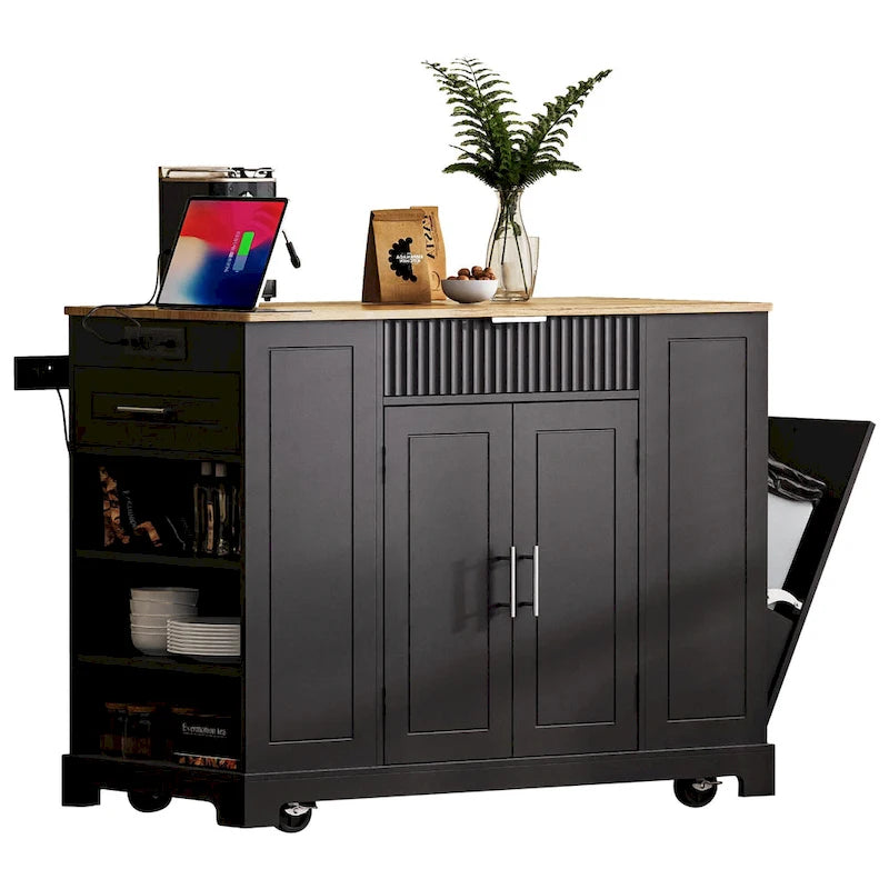 Îlot de cuisine cannelé avec armoire de rangement pour poubelle, prise de courant, îlots de cuisine roulants sur 5 roulettes avec 3 étagères latérales ouvertes