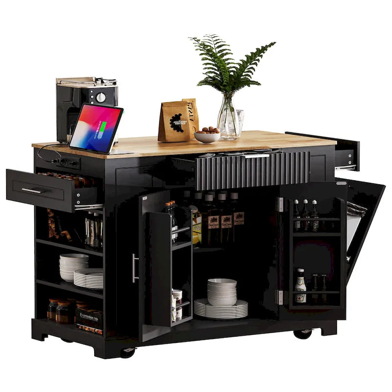 Îlot de cuisine cannelé avec armoire de rangement pour poubelle, prise de courant, îlots de cuisine roulants sur 5 roulettes avec 3 étagères latérales ouvertes