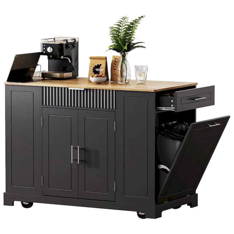 Îlot de cuisine cannelé avec armoire de rangement pour poubelle, prise de courant, îlots de cuisine roulants sur 5 roulettes avec 3 étagères latérales ouvertes