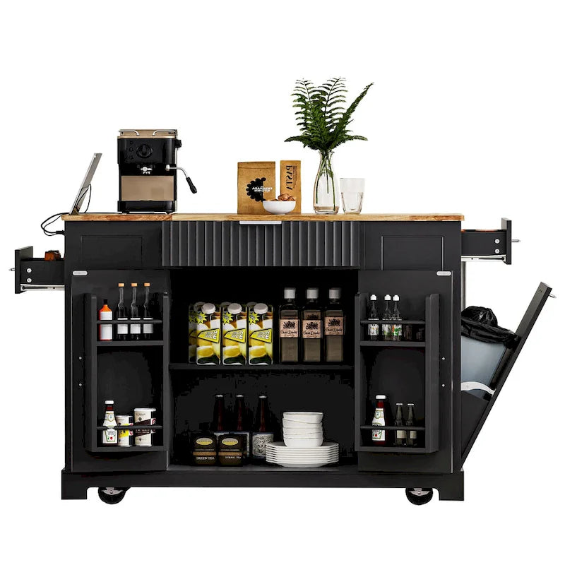 Îlot de cuisine cannelé avec armoire de rangement pour poubelle, prise de courant, îlots de cuisine roulants sur 5 roulettes avec 3 étagères latérales ouvertes