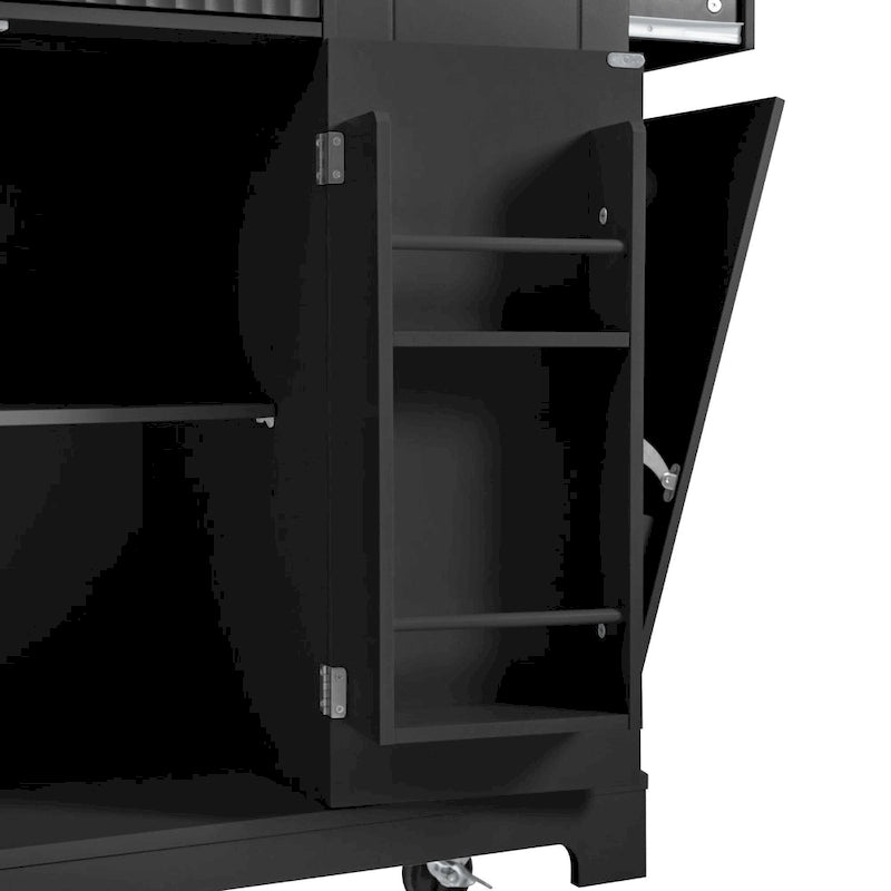 Îlot de cuisine cannelé avec armoire de rangement pour poubelle, prise de courant, îlots de cuisine roulants sur 5 roulettes avec 3 étagères latérales ouvertes