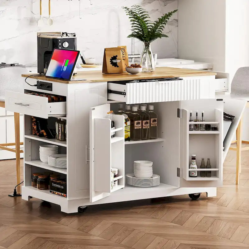 Îlot de cuisine cannelé avec armoire de rangement pour poubelle, prise de courant, îlots de cuisine roulants sur 5 roulettes avec 3 étagères latérales ouvertes