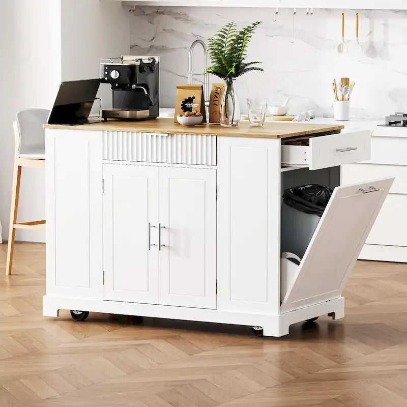 Îlot de cuisine cannelé avec armoire de rangement pour poubelle, prise de courant, îlots de cuisine roulants sur 5 roulettes avec 3 étagères latérales ouvertes