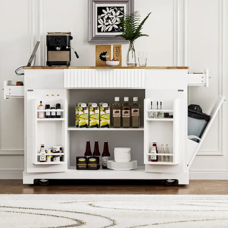 Îlot de cuisine cannelé avec armoire de rangement pour poubelle, prise de courant, îlots de cuisine roulants sur 5 roulettes avec 3 étagères latérales ouvertes