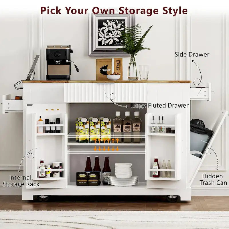 Îlot de cuisine cannelé avec armoire de rangement pour poubelle, prise de courant, îlots de cuisine roulants sur 5 roulettes avec 3 étagères latérales ouvertes