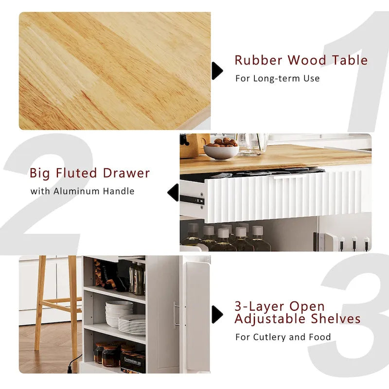 Îlot de cuisine cannelé avec armoire de rangement pour poubelle, prise de courant, îlots de cuisine roulants sur 5 roulettes avec 3 étagères latérales ouvertes