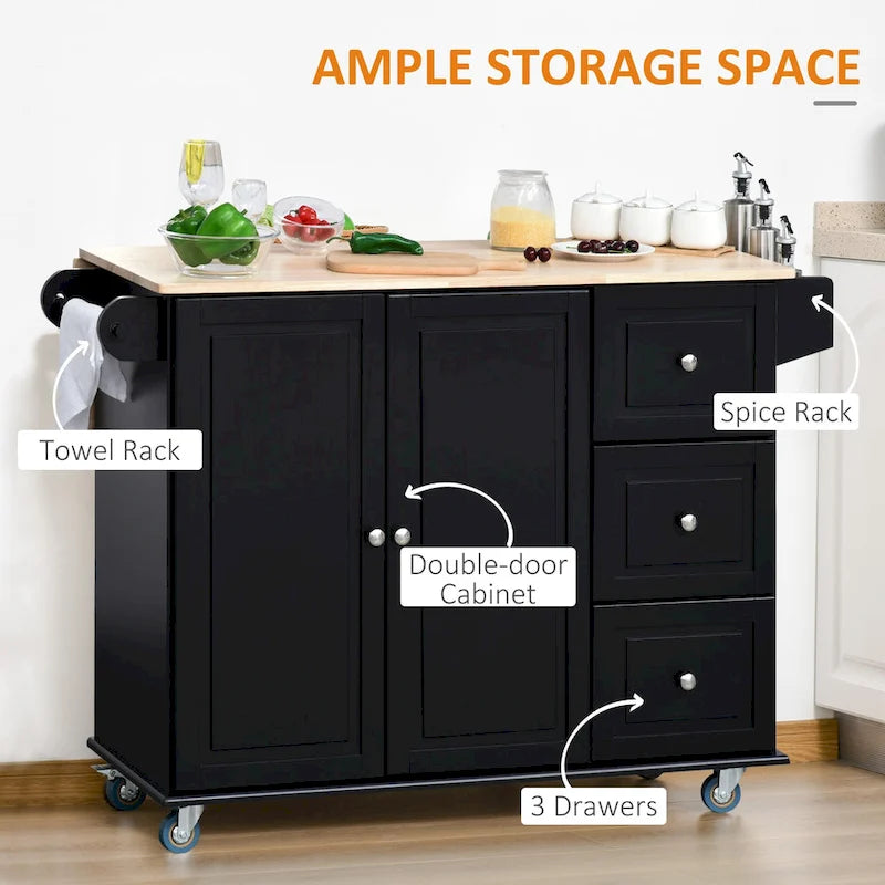 Îlot de cuisine mobile avec abattant, chariot de rangement à roulettes, porte-serviettes/épices, 3 tiroirs, meuble à 2 portes