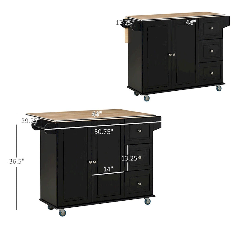 Îlot de cuisine mobile avec abattant, chariot de rangement à roulettes, porte-serviettes/épices, 3 tiroirs, meuble à 2 portes