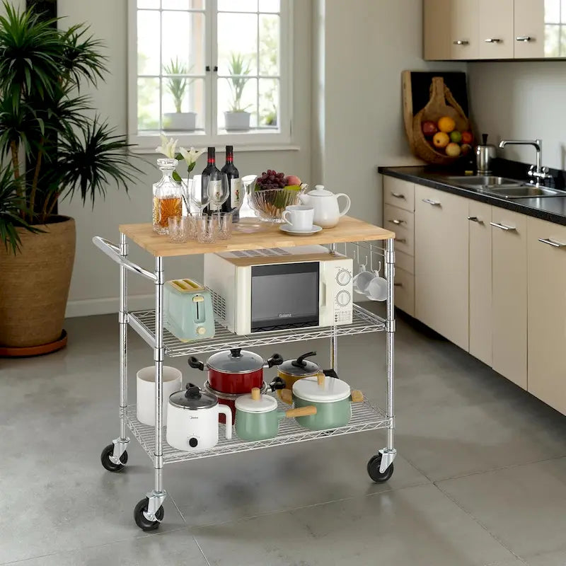 Dessertes de cuisine en bois de chêne à niveaux avec étagère coulissante et crochets pour micro-ondes et rangement de café dans la salle à manger
