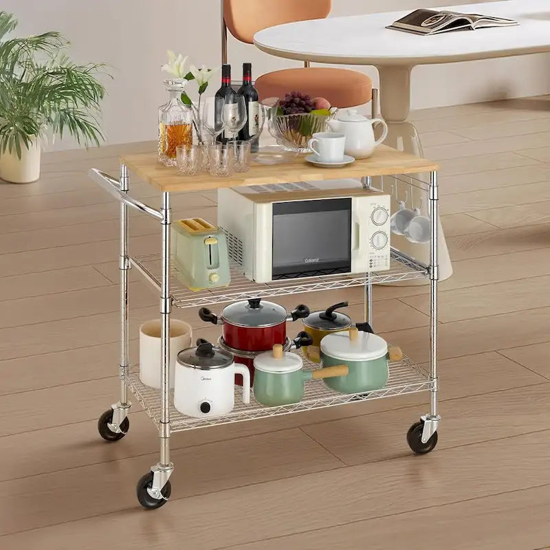 Dessertes de cuisine en bois de chêne à niveaux avec étagère coulissante et crochets pour micro-ondes et rangement de café dans la salle à manger