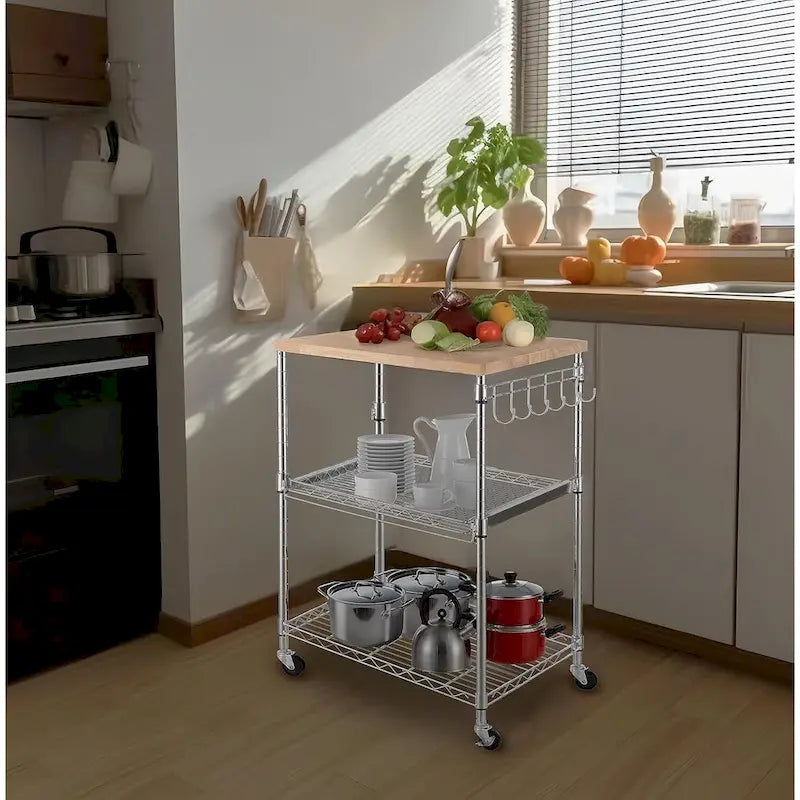Dessertes de cuisine en bois de chêne à niveaux avec étagère coulissante et crochets pour micro-ondes et rangement de café dans la salle à manger