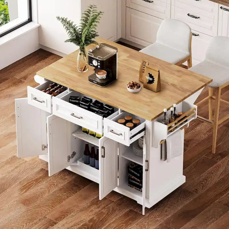 Dessert de cuisine roulant avec abattant, Desserte de cuisine sur roulettes, Îlot mobile avec meuble à 4 portes et 3 tiroirs
