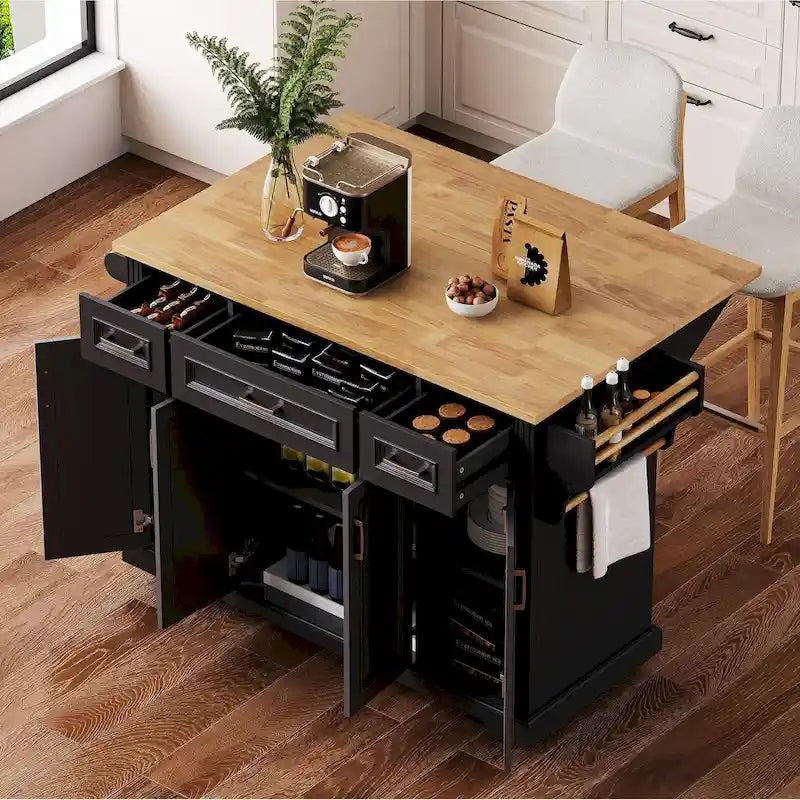 Dessert de cuisine roulant avec abattant, Desserte de cuisine sur roulettes, Îlot mobile avec meuble à 4 portes et 3 tiroirs