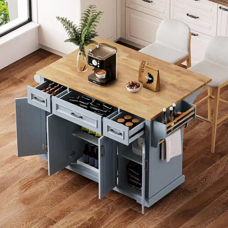 Dessert de cuisine roulant avec abattant, Desserte de cuisine sur roulettes, Îlot mobile avec meuble à 4 portes et 3 tiroirs