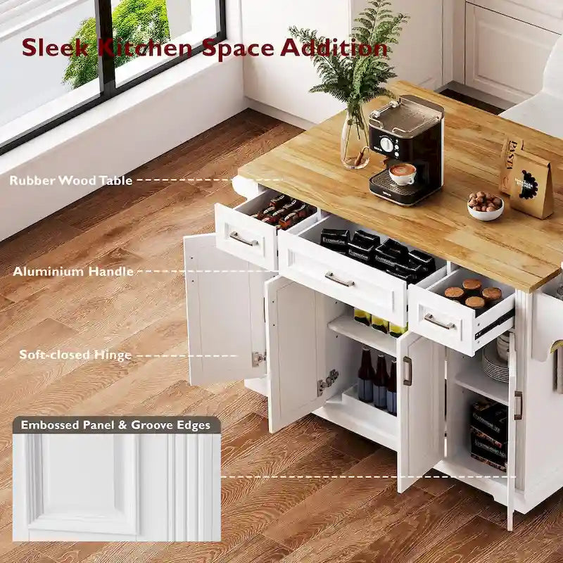 Dessert de cuisine roulant avec abattant, Desserte de cuisine sur roulettes, Îlot mobile avec meuble à 4 portes et 3 tiroirs