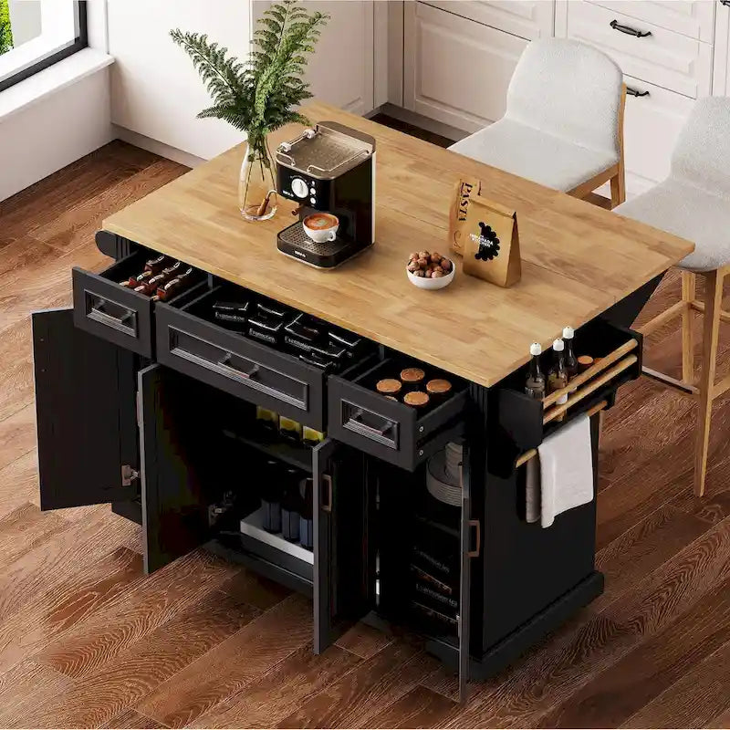 Dessert de cuisine roulant avec abattant, Desserte de cuisine sur roulettes, Îlot mobile avec meuble à 4 portes et 3 tiroirs