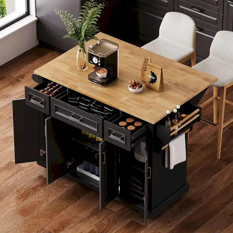 Dessert de cuisine roulant avec abattant, Desserte de cuisine sur roulettes, Îlot mobile avec meuble à 4 portes et 3 tiroirs