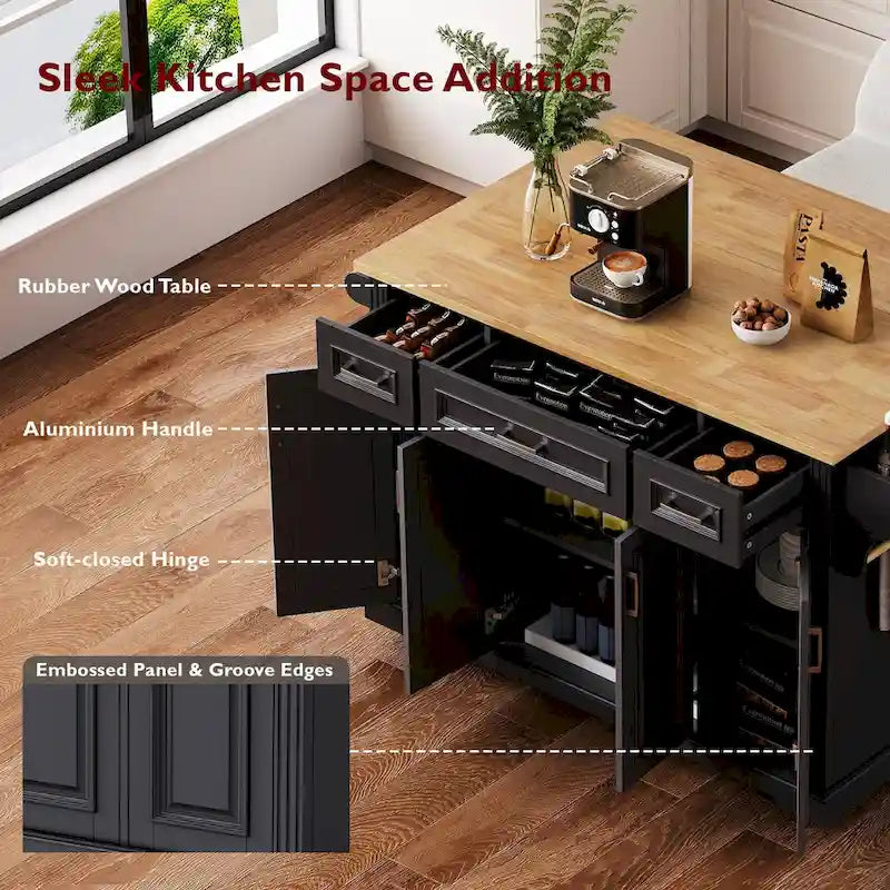 Dessert de cuisine roulant avec abattant, Desserte de cuisine sur roulettes, Îlot mobile avec meuble à 4 portes et 3 tiroirs