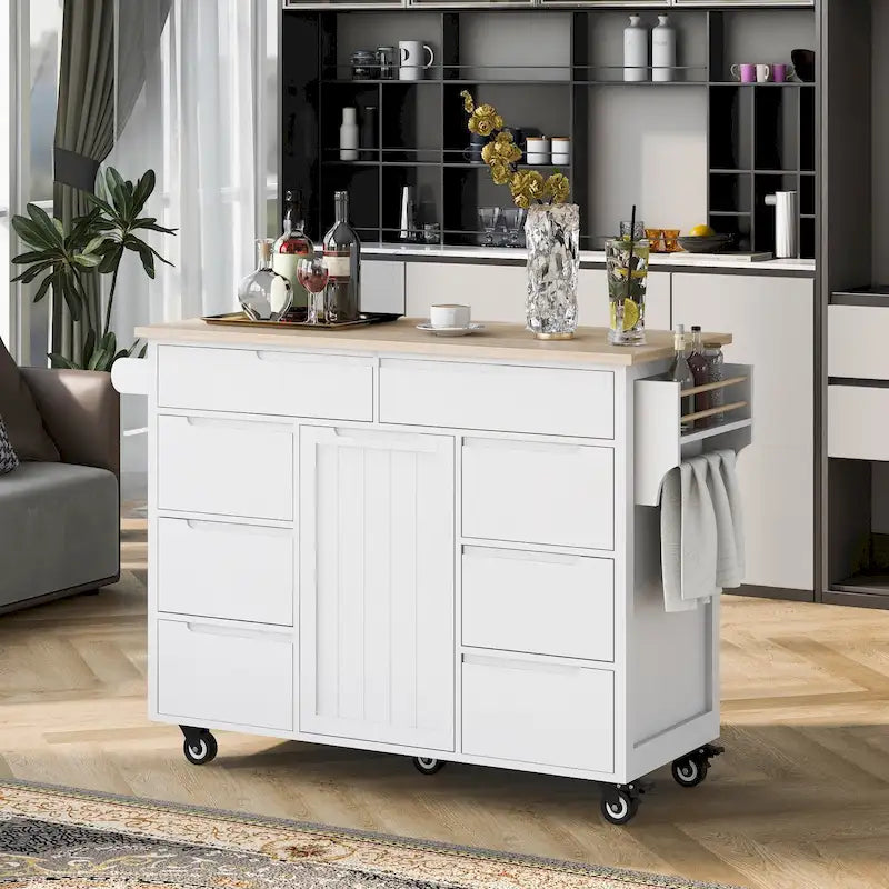 Îlot de cuisine avec plateau en bois, îlot mobile sur roulettes verrouillables, chariot roulant avec organisateur de couverts et 8 tiroirs sans poignée