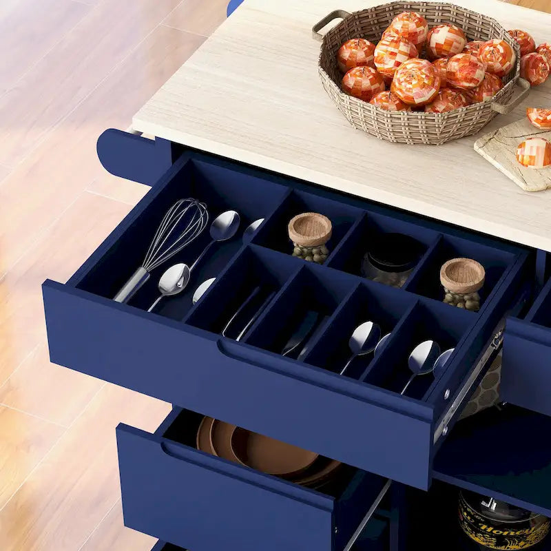Îlot de cuisine avec plateau en bois, îlot mobile sur roulettes verrouillables, chariot roulant avec organisateur de couverts et 8 tiroirs sans poignée