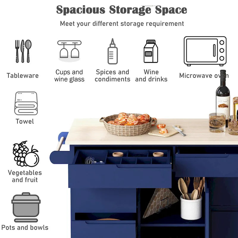 Îlot de cuisine avec plateau en bois, îlot mobile sur roulettes verrouillables, chariot roulant avec organisateur de couverts et 8 tiroirs sans poignée
