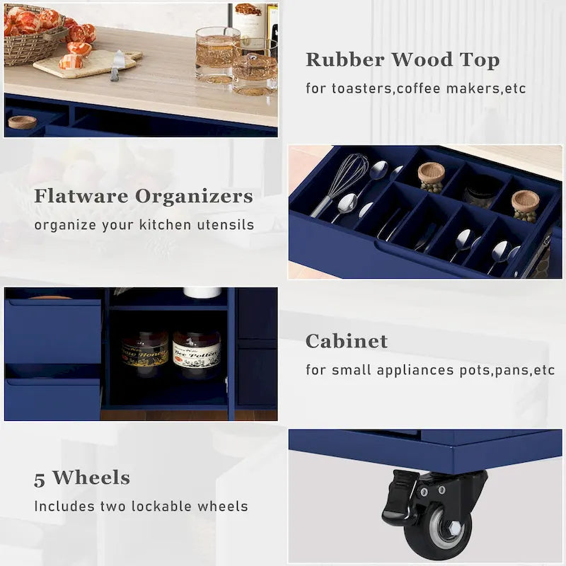Îlot de cuisine avec plateau en bois, îlot mobile sur roulettes verrouillables, chariot roulant avec organisateur de couverts et 8 tiroirs sans poignée