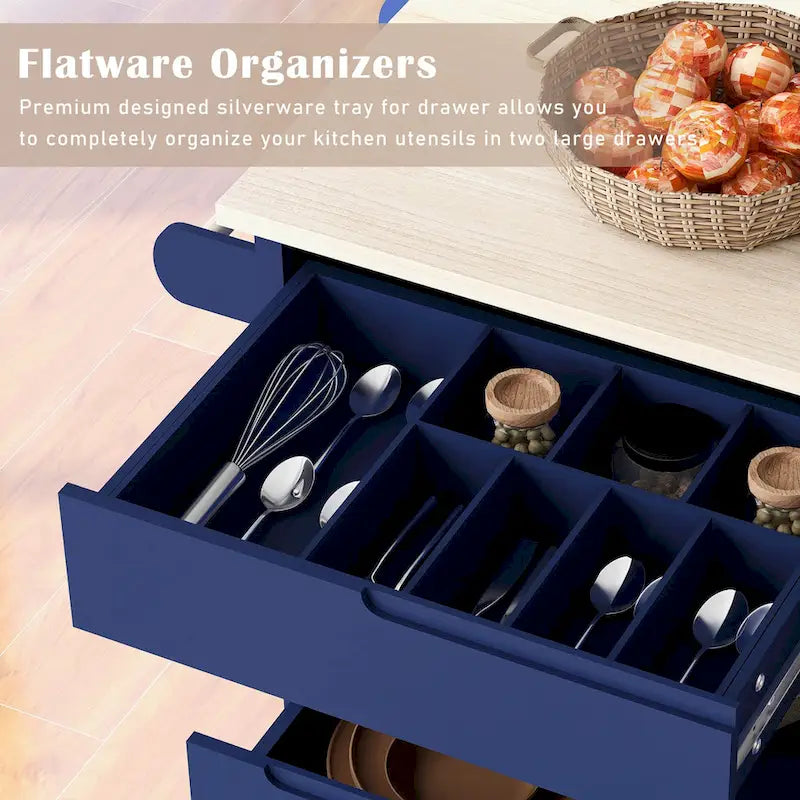 Îlot de cuisine avec plateau en bois, îlot mobile sur roulettes verrouillables, chariot roulant avec organisateur de couverts et 8 tiroirs sans poignée