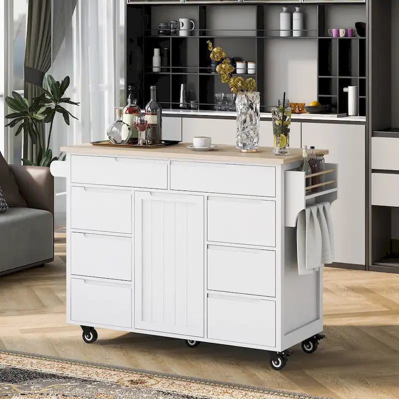 Îlot de cuisine avec plateau en bois, îlot mobile sur roulettes verrouillables, chariot roulant avec organisateur de couverts et 8 tiroirs sans poignée