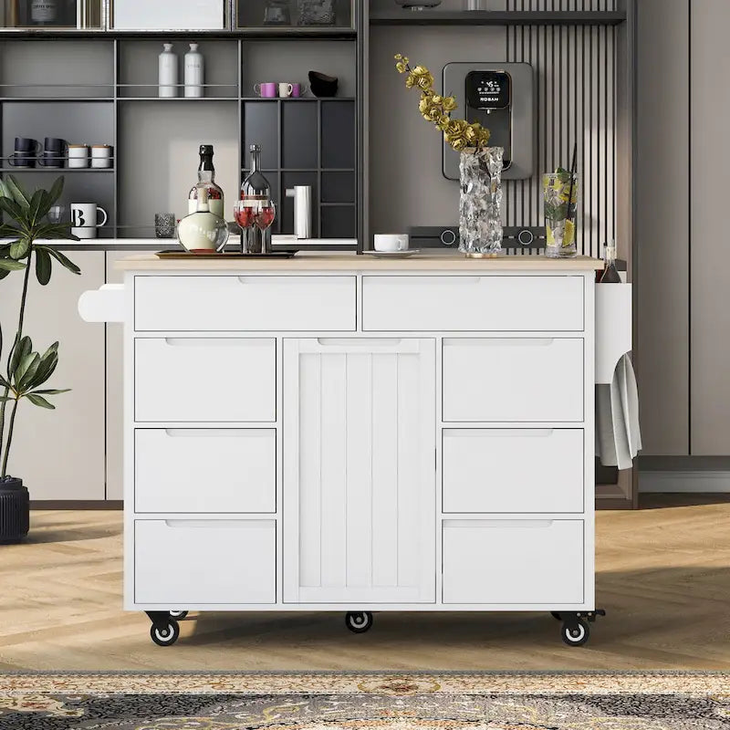 Îlot de cuisine avec plateau en bois, îlot mobile sur roulettes verrouillables, chariot roulant avec organisateur de couverts et 8 tiroirs sans poignée