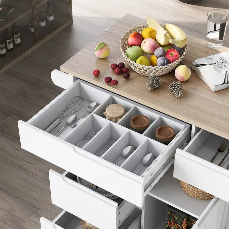 Îlot de cuisine avec plateau en bois, îlot mobile sur roulettes verrouillables, chariot roulant avec organisateur de couverts et 8 tiroirs sans poignée