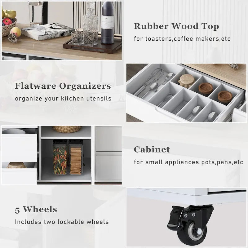 Îlot de cuisine avec plateau en bois, îlot mobile sur roulettes verrouillables, chariot roulant avec organisateur de couverts et 8 tiroirs sans poignée